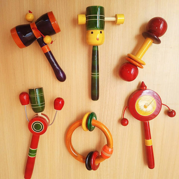 Channapatna Toys Wooden Rattles for Baby, Infants, New Born Babies Toys, Kids (0+ Years) - Set of 6 pcs - Multicolor - Discover Sounds, Develops Sensory Skills