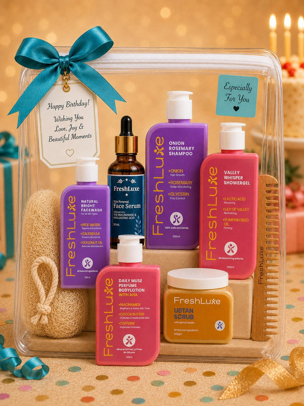 FreshLuxe Birthday Gift Hamper for Women - Gift for Girls | Box, Basket & Birthday Hamper for Her | Body Care Kit & Skin Care Kit for Women - 6-Piece Set
