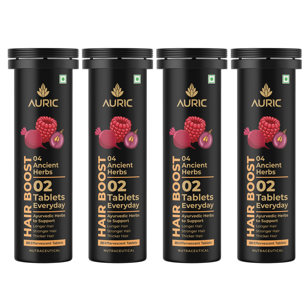 Auric Hair Boost Effervescent Tablets 20 Count | Ayurvedic Formula for Hair Fall Control | Biotin, Zinc, Beetroot & Grapeseed Extracts & Herbal Extracts | Hair Growth & Strength Support