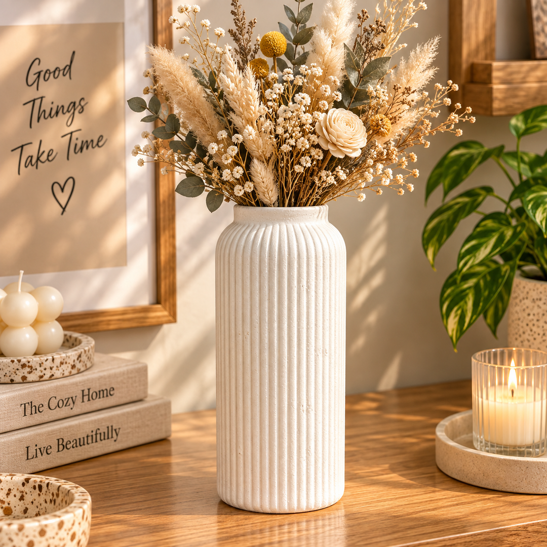 Grande Elegance – Large White Ribbed Ceramic Vase