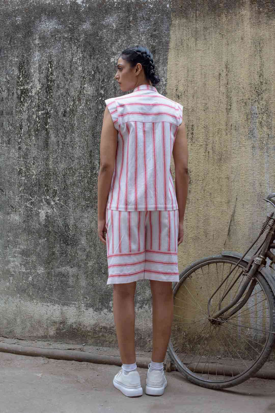 Anushé Pirani Mandarin Collar Shirt | Handwoven Cotton | Red & White, Women&