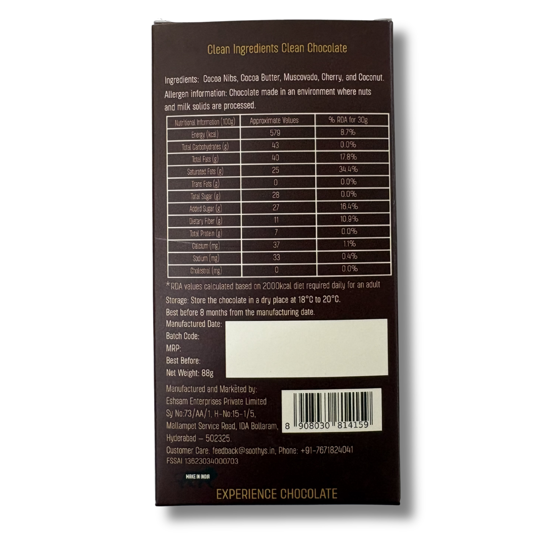 Soothys 70% Dark Vegan Chocolate Bar | Cherry & Coconut | 88 g
