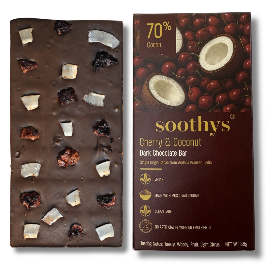 Soothys 70% Dark Vegan Chocolate Bar | Cherry & Coconut | 88 g