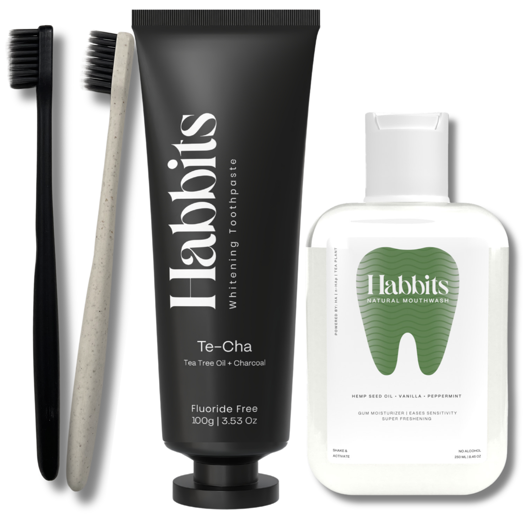 Habbits Oral Care Bundle | Charcoal Toothpaste (100g) + Charcoal Mouthwash (250ml) + 2 Biodegradable Toothbrushes | Natural Whitening | Vegan | SLS-Free | Tea Tree & Spearmint | Fights Plaque & Bad Breath