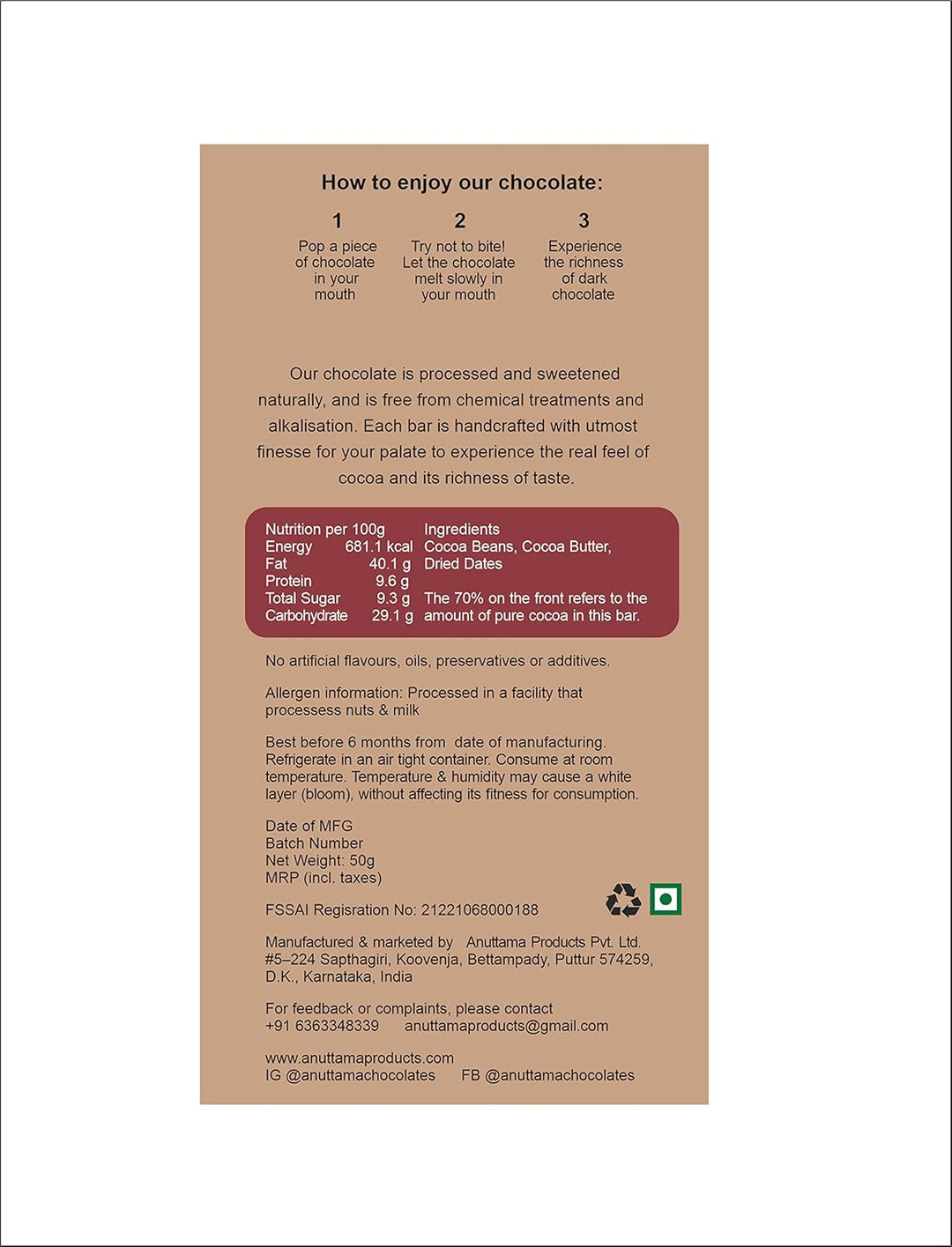 ANUTTAMA Dates Dark Chocolate - 70% Cocoa - Vegan Chocolate Bar 50 gm