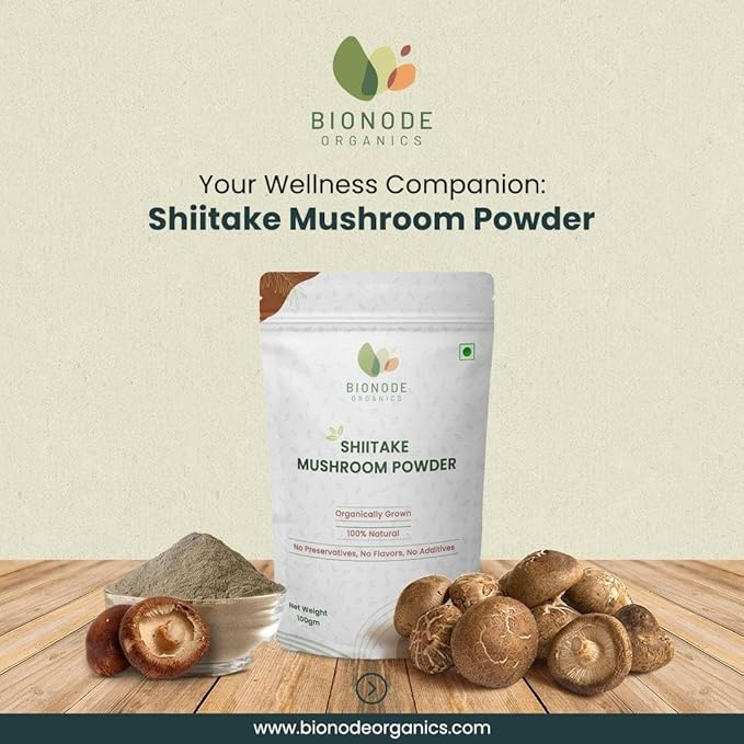 Bionode Organics Shiitake Mushroom Powder (100g), Natural Cholesterol Regulator & Cardiovascular Support, Rich in Vitamins B2, B5, B6 & D, Boosts Immunity and Overall Wellness