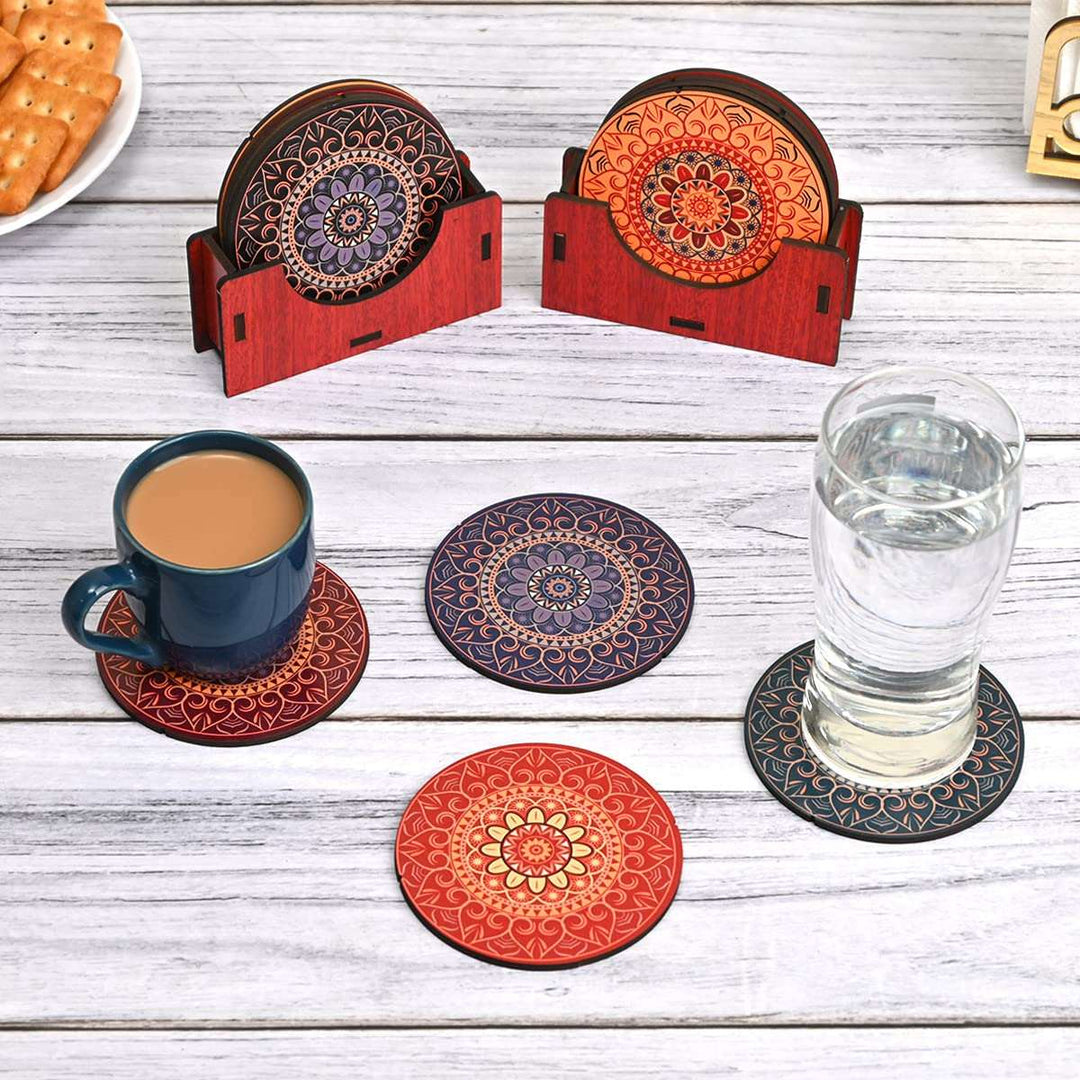 Gift Kya De Coaster Set of 12 Beautiful Wooden Coasters with Proper Coaster Stand (Combo Pack) (12 pc 9 x 9 cm)