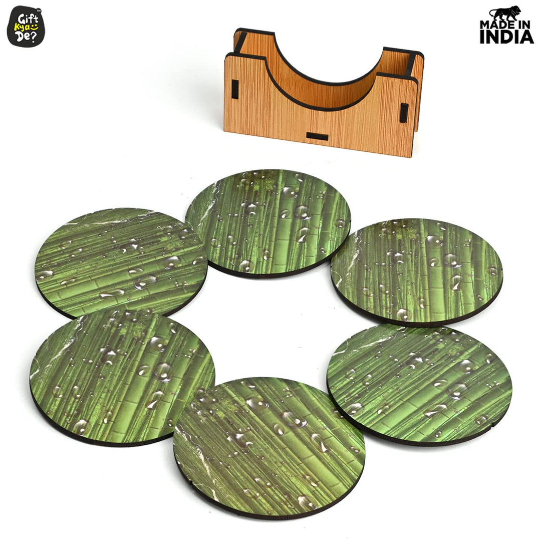 Gift Kya De Coaster Set of 6 Natural Wooden Bamboo Tree Style | Coasters with Beautiful Coaster Stand