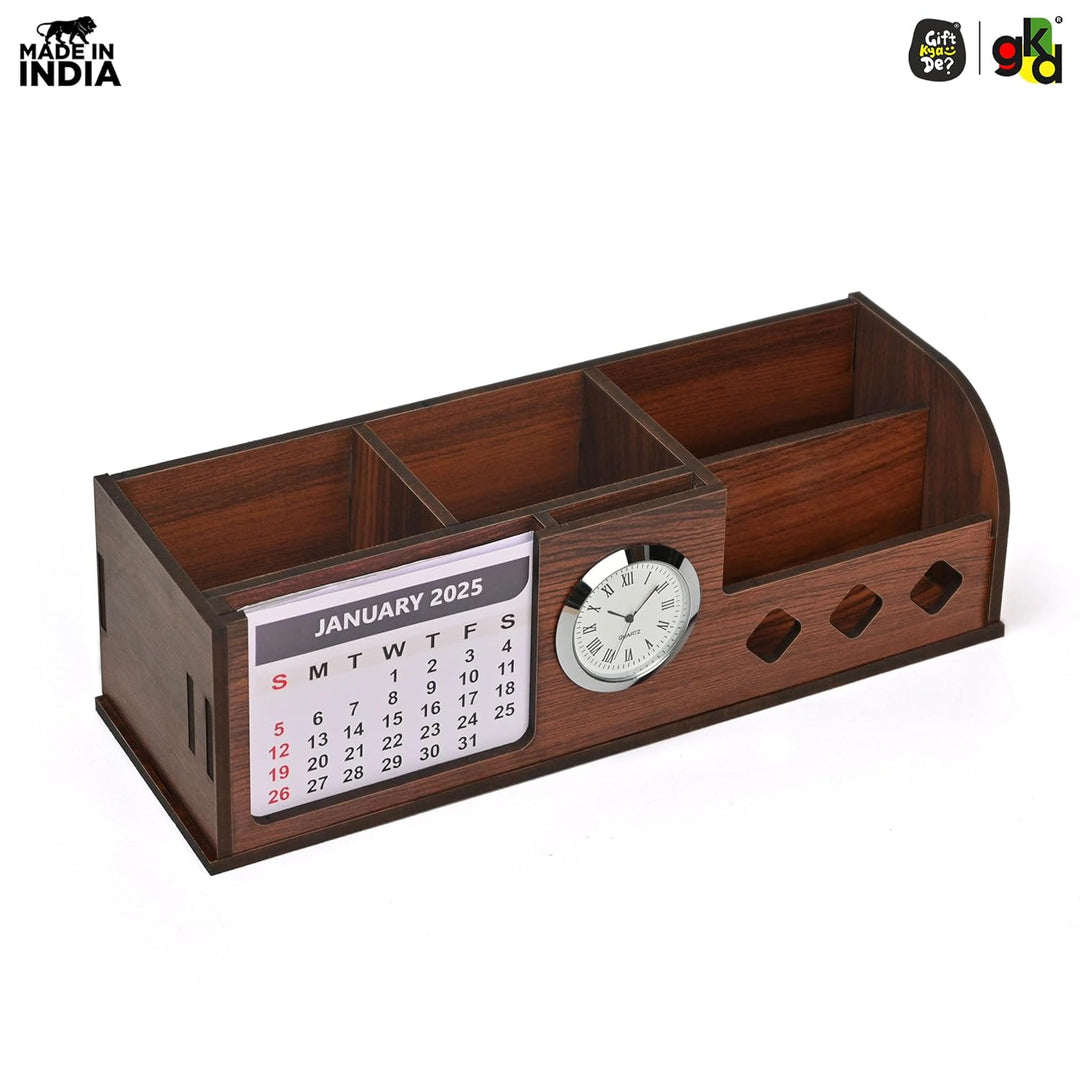 Gift Kya De Wooden Desk Organizer with Calendar, Clock and 4 Compartments for Stationery, Mobile and Remote | Tabletop Organizer for Office and Home Use