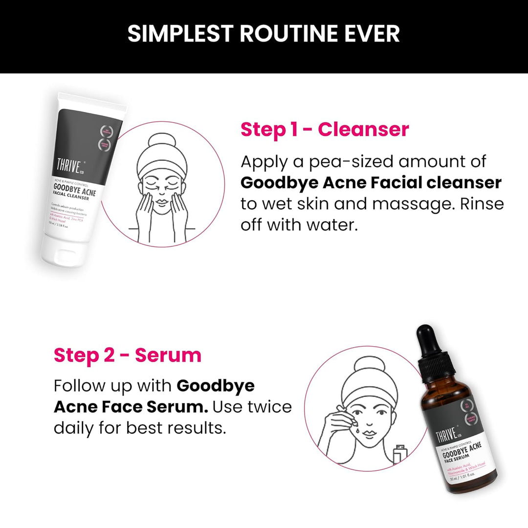 ThriveCo Goodbye Acne Facial Cleanser | Non-Comedogenic Anti Acne Face Wash for Pimples with Azelaic Acid & Witch Hazel | For Women & Men (100ml)