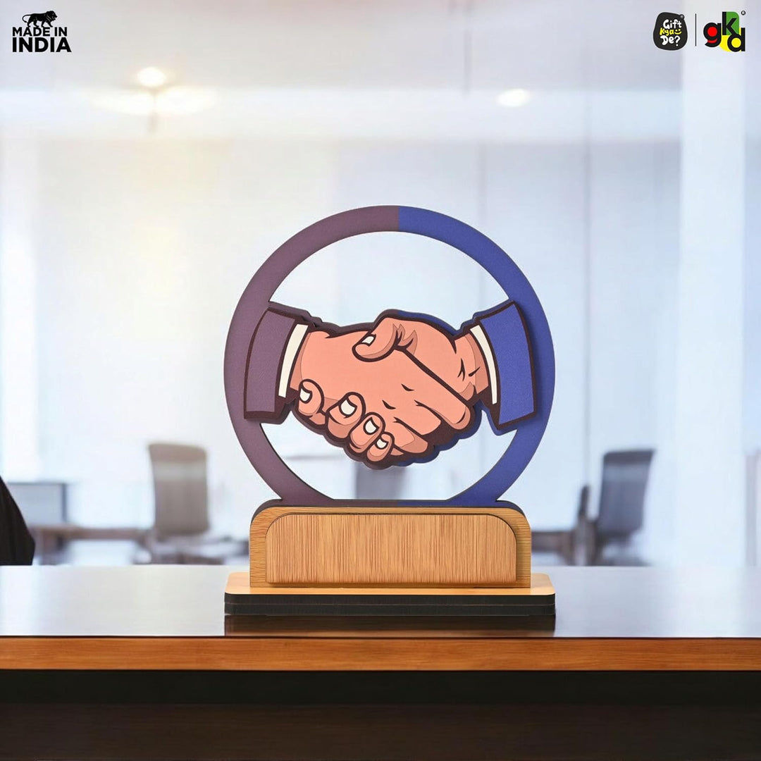 Wooden Handshake Memento Trophy | DIY Customizable Partnership Award for Corporate Gifts, Dealer Meets & Business Achievements | Add Your Own Sticker or Text