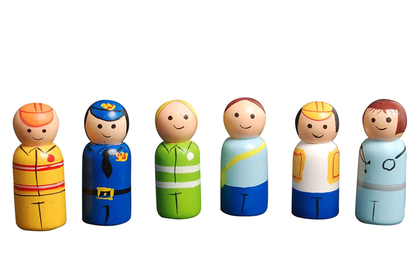 Peg Dolls Wooden Essential Workers/Community Helpers Pretend Play Figurines - Colorful Dolls for Kids & Toddlers (2 Years+) - Pack of 6 pcs - Open Ended Toys