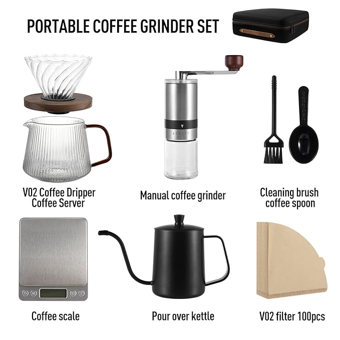 The Bean Co Roasters Pour Over Coffee Set with Travel Bag | Gooseneck Pour Over Kettle| Glass Dripper with Carafe| V02 Filter 100 Pcs | Manual Coffee Grinder | Weighing scale |Coffee Scoop with Cleaning Brush
