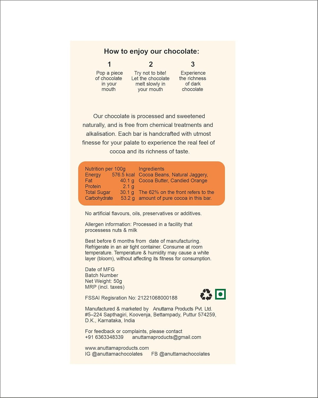 ANUTTAMA Candied Orange Dark Chocolate Bar - 62% Cocoa & Candied Orange - Vegan Chocolate Bar 50 gm