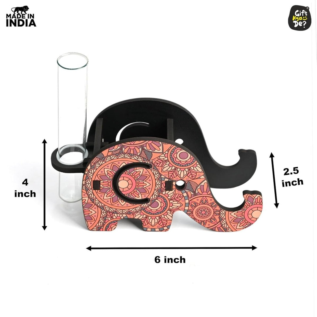 Gift Kya De Elephant Shaped Wooden Pen Holder & Mobile Stand | Mandala Art Design | Also with Test Tube Planter