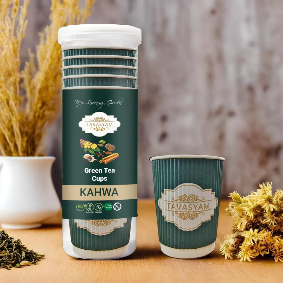 TAVASYAM Ready to Sip Kahwa Flavour Green Tea Cups - Vegan, Gluten Free & Sugar Free - Pre-Filled Tea Cups 200ml - Pack of 12 Cups