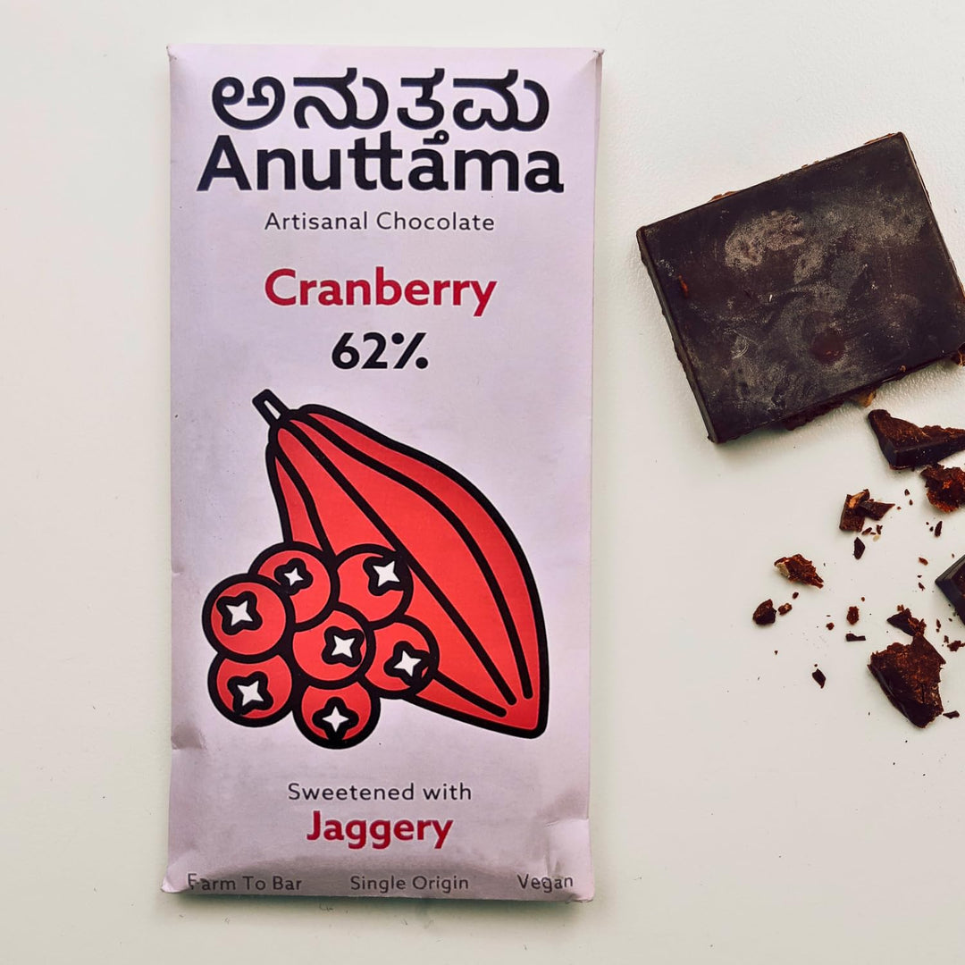 ANUTTAMA Cranberry Dark Chocolate - 62% Cocoa & Cranberry - Vegan Chocolate Bar 50 gm