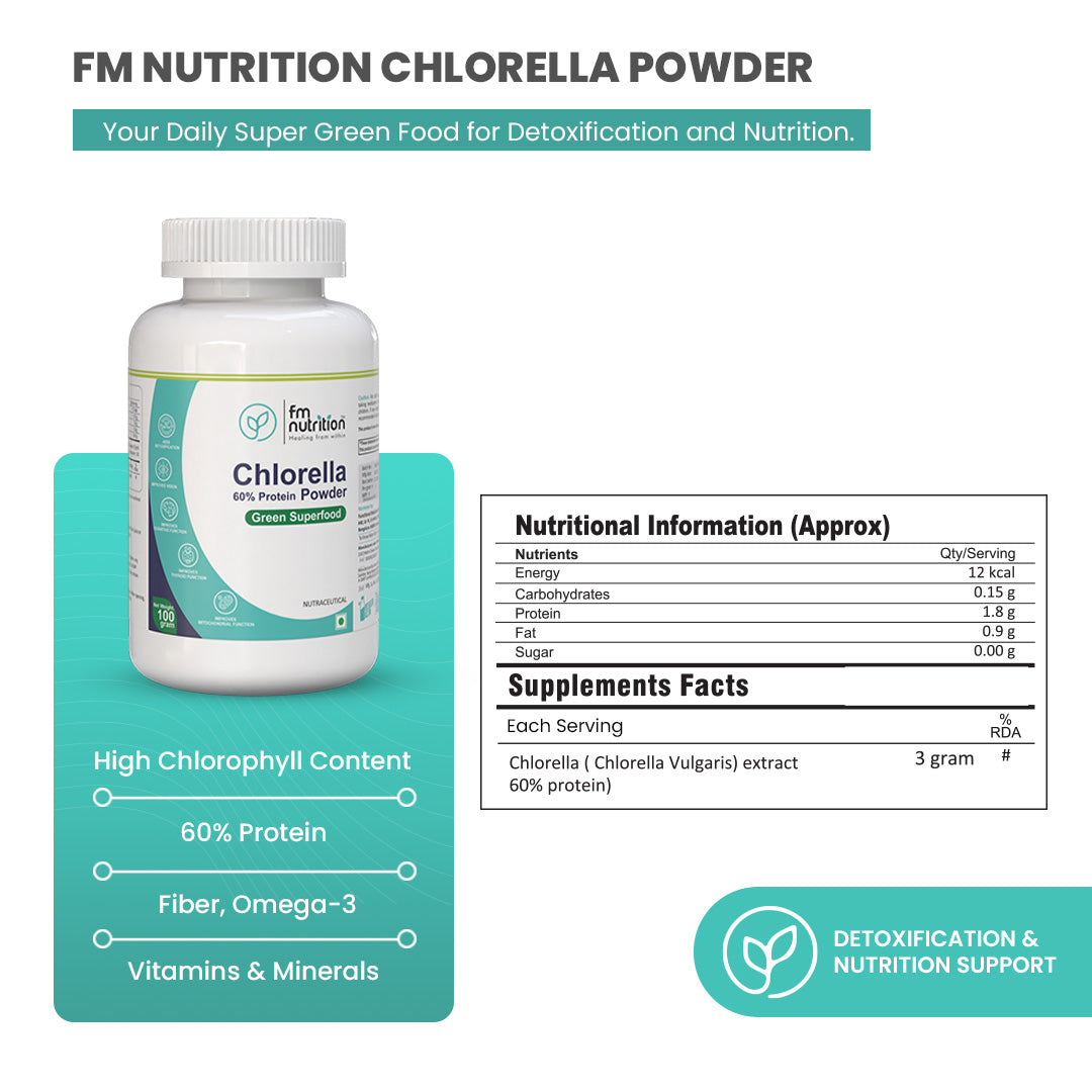 FM Nutrition Chlorella I Natural Binder I Plant protein I Heavy Metal Detox I Rich in Omega 3 I Mitochondrial Health Booster I Vegan I Non-GMO I 100gm powder 