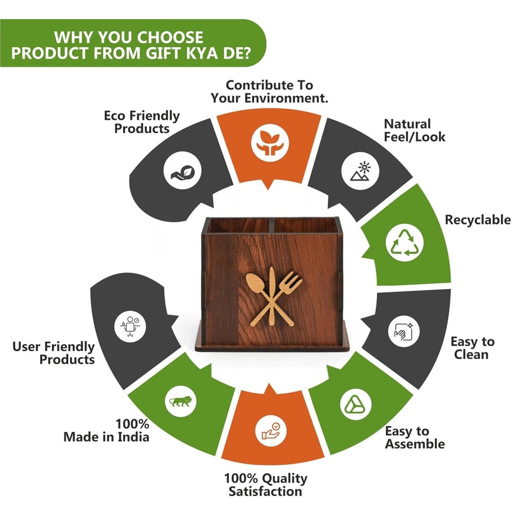 Gift Kya De 2 Compartments Wooden Cutlery Stand for Kitchen & Dining Table | Spoon, Knife & Fork Holder