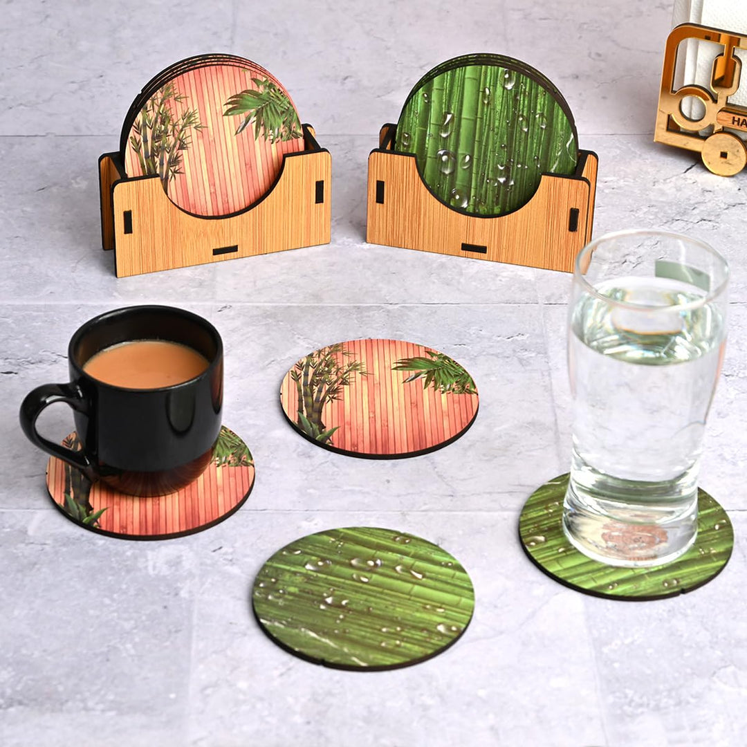 Gift Kya De Coaster Set of 6 Natural Wooden Bamboo Tree Style | Coasters with Beautiful Coaster Stand