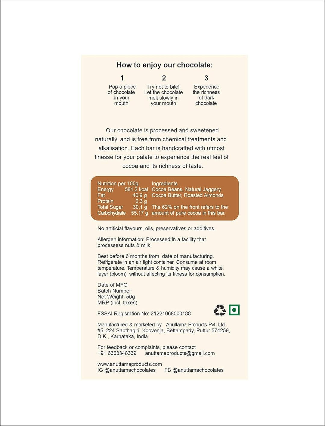 ANUTTAMA Roasted Almond Dark Chocolate - 62% Cocoa Roasted Almonds - Vegan Dark Chocolate - Pack of 2 - 50 gm Each