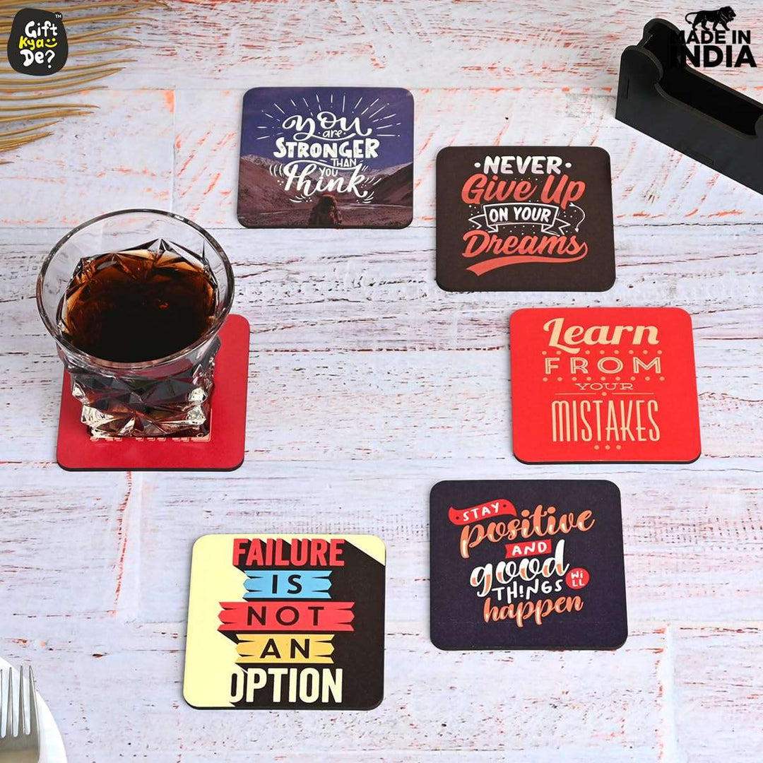 Gift Kya De Coaster Set of 12 | Wooden Square Coasters with Proper Coaster Stand | Designer Coaster Set