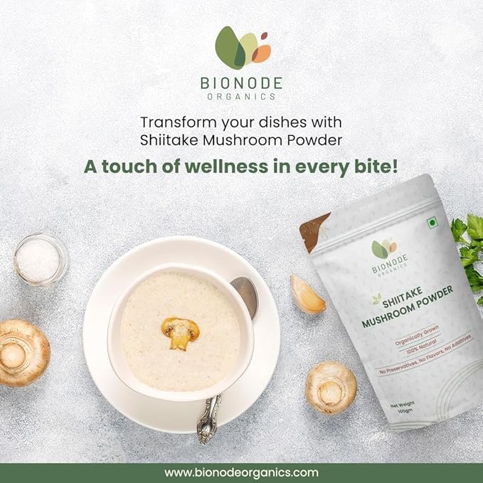 Bionode Organics Shiitake Mushroom Powder (100g), Natural Cholesterol Regulator & Cardiovascular Support, Rich in Vitamins B2, B5, B6 & D, Boosts Immunity and Overall Wellness