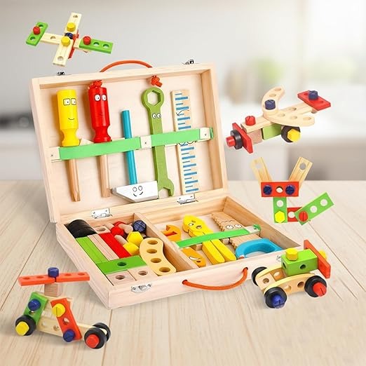 Wudly - Wooden Tool Box, Montessori Educational STEM Toys, Construction Learning Toys for 3+ Years Kids, Set of 53 pcs, Child Safe Certified, Multi color