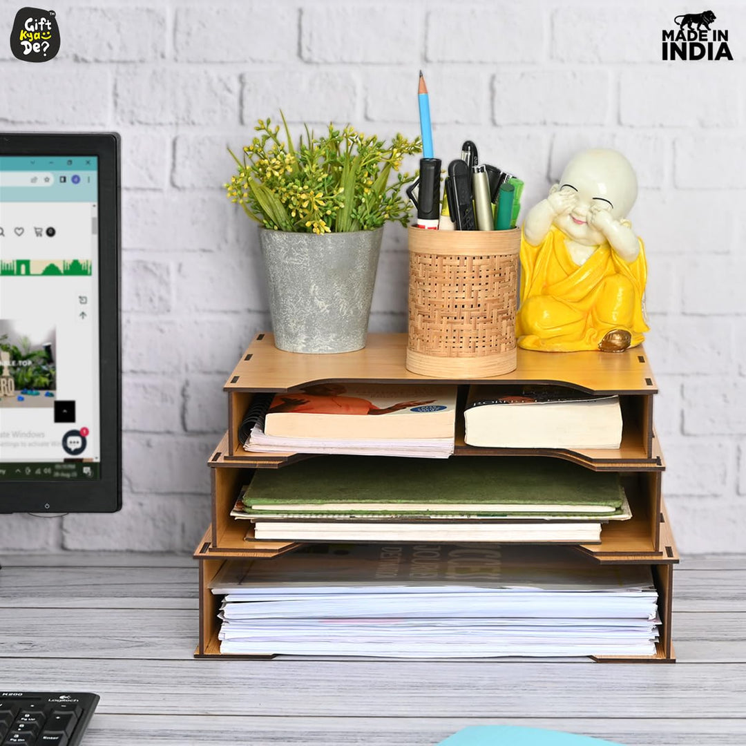 Gift Kya De File Organiser 3 Tier Paper Tray For Office Desk, Horizontal & Vertical Adjustment A4 Documents Organizer