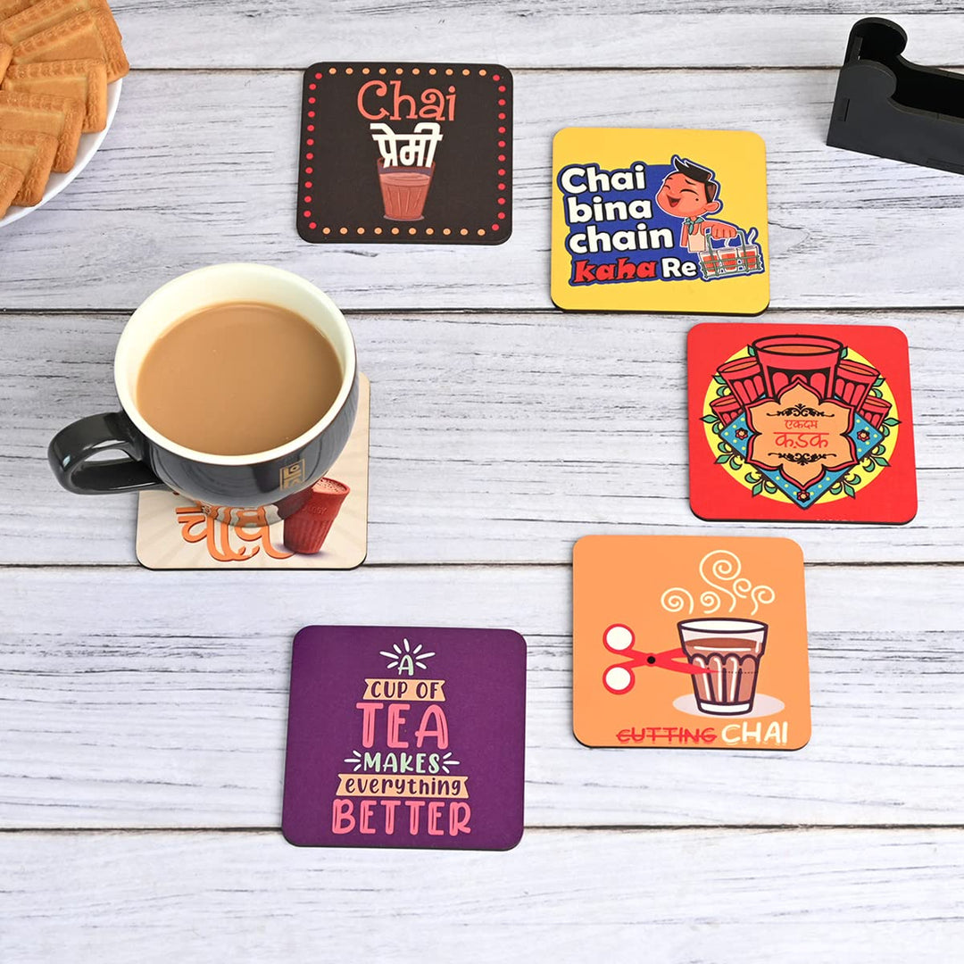 Gift Kya De Square Quotes Coaster Set of 6 With Coaster Stand | Quotes Coaster Set fit for Tea Cups and Coffee Mugs Also Coffee Lover Gifts