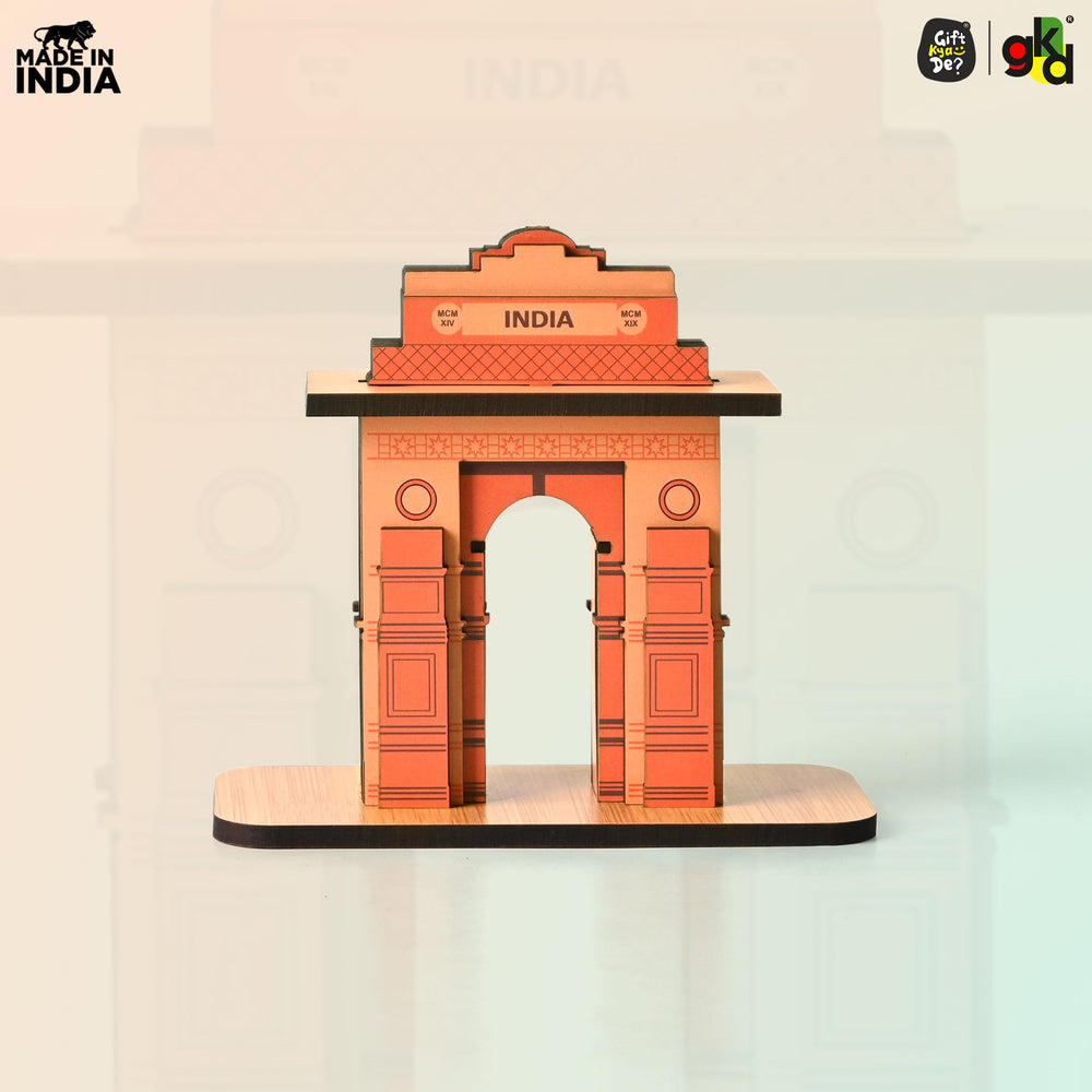 India Gate Wooden Desk Organizer with Test Tube Planter, Pen Stand & Visiting Card Holder | Table Top Patriotic Souvenir | Independence Day Gift