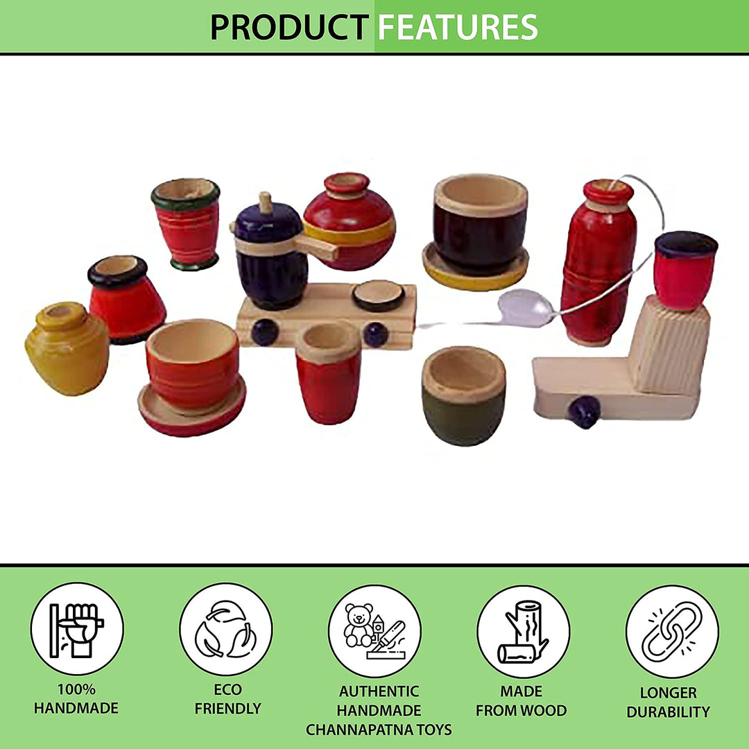 Channapatna Toys Traditional Wooden Cooking/Kitchen Toys Play Set for Girls, Kids, Baby & Boys (2 Years+) -14 Pieces Preschool Toy Set - Multicolor- Pretend & Play Toy | Choppu Jaman