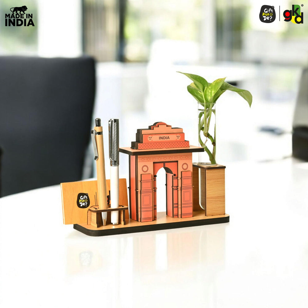India Gate Wooden Desk Organizer with Test Tube Planter, Pen Stand & Visiting Card Holder | Table Top Patriotic Souvenir | Independence Day Gift