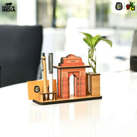 India Gate Wooden Desk Organizer with Test Tube Planter, Pen Stand & Visiting Card Holder | Table Top Patriotic Souvenir | Independence Day Gift