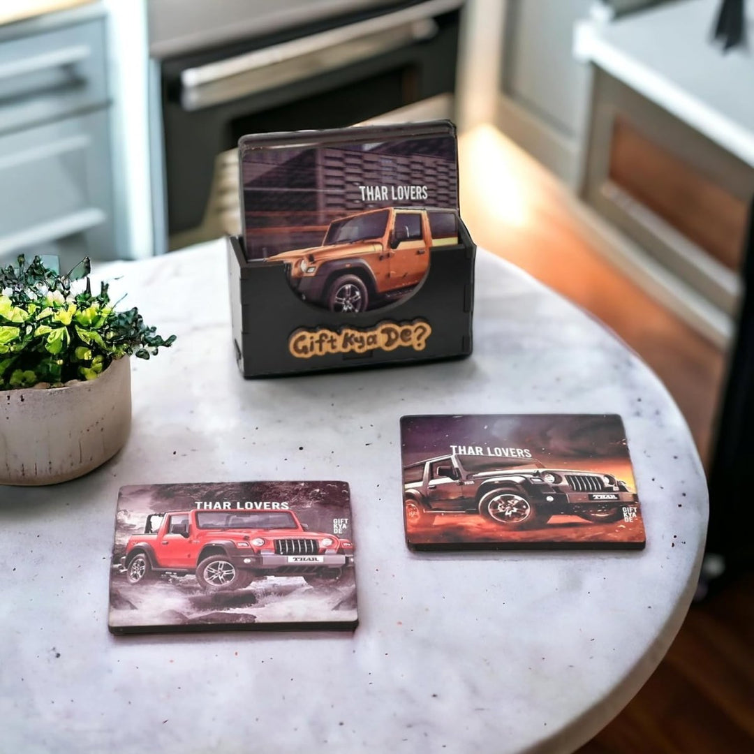Gift Kya De Coaster Set of 6 Bullet Bike & Thar Car Lover | Gifts with Proper Coaster Stand | Set fit for Tea Cups, Coffee Mugs and Glasses (Square 10 x 10 cm)