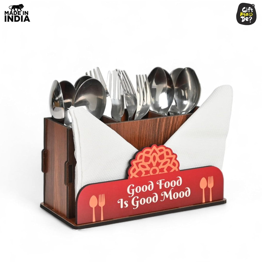 Gift Kya De Cutlery Stand with Tissue Holder for Kitchen & Dining Table | 3 Compartments | Spoon, Knife & Fork Holder, Cutlery Organizer