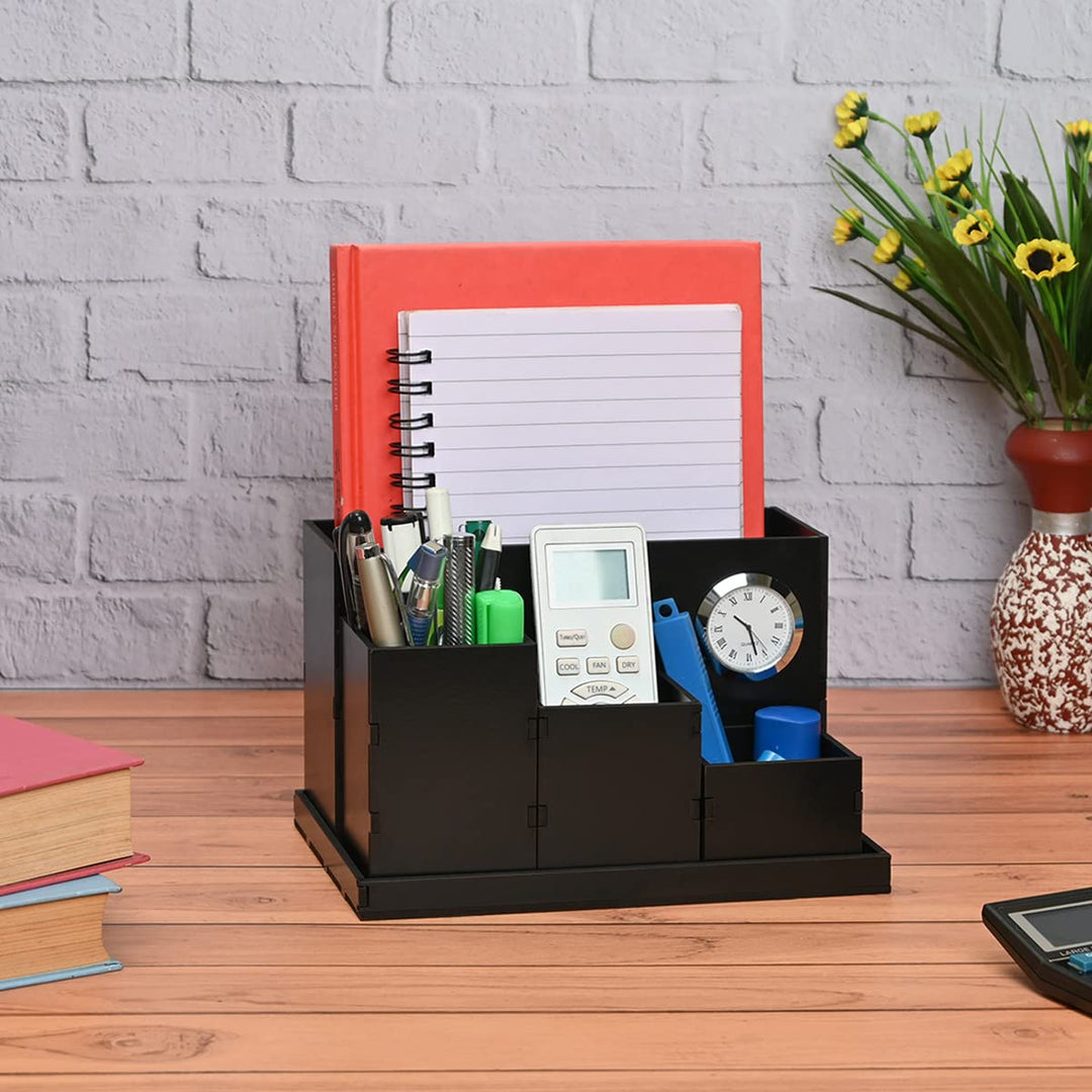 Gift Kya De Wooden Multipurpose Desk Organizer | Table Clock | 4 Compartment Organizer