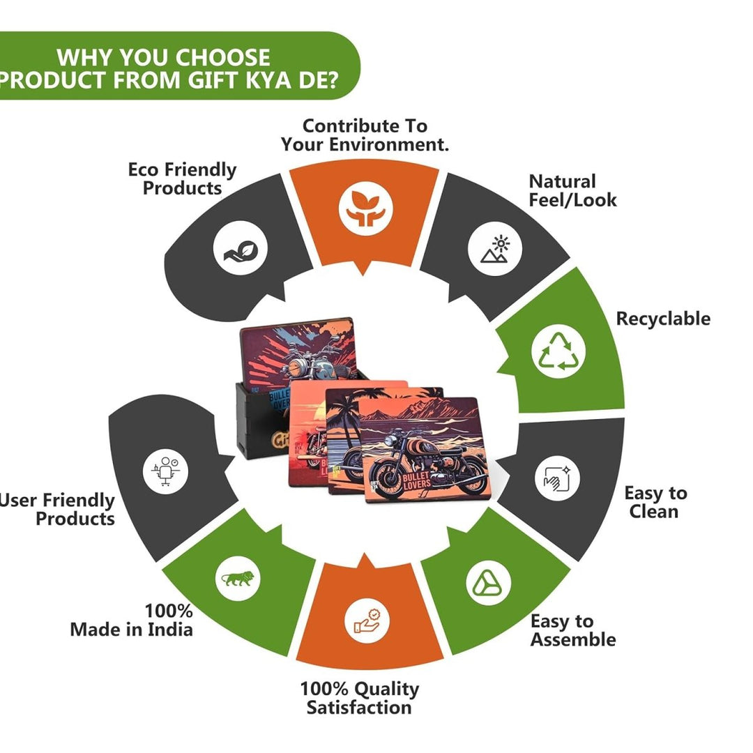Gift Kya De Coaster Set of 6 Bullet Bike & Thar Car Lover | Gifts with Proper Coaster Stand | Set fit for Tea Cups, Coffee Mugs and Glasses (Square 10 x 10 cm)