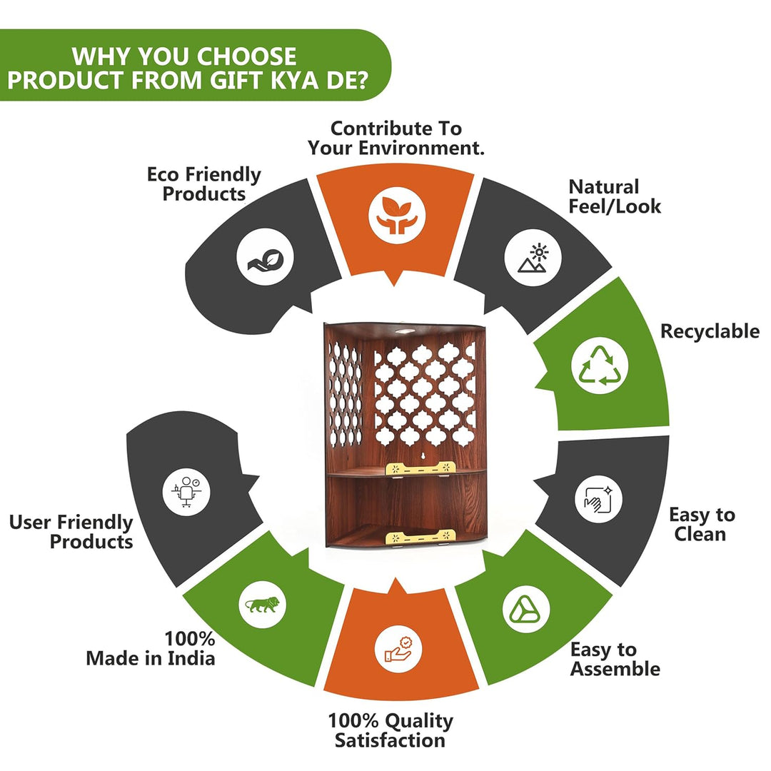 Wooden Corner Pooja Mandir for Home & Office | Wall Mounted Pooja Stand with LED Light (H-17 x W-10 x L-15 Inch)