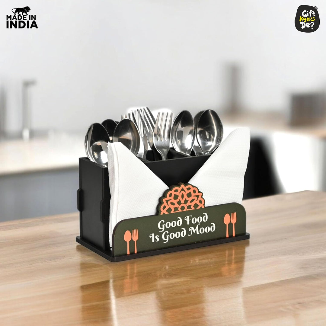 Gift Kya De Cutlery Stand with Tissue Holder for Kitchen & Dining Table | 3 Compartments | Spoon, Knife & Fork Holder, Cutlery Organizer