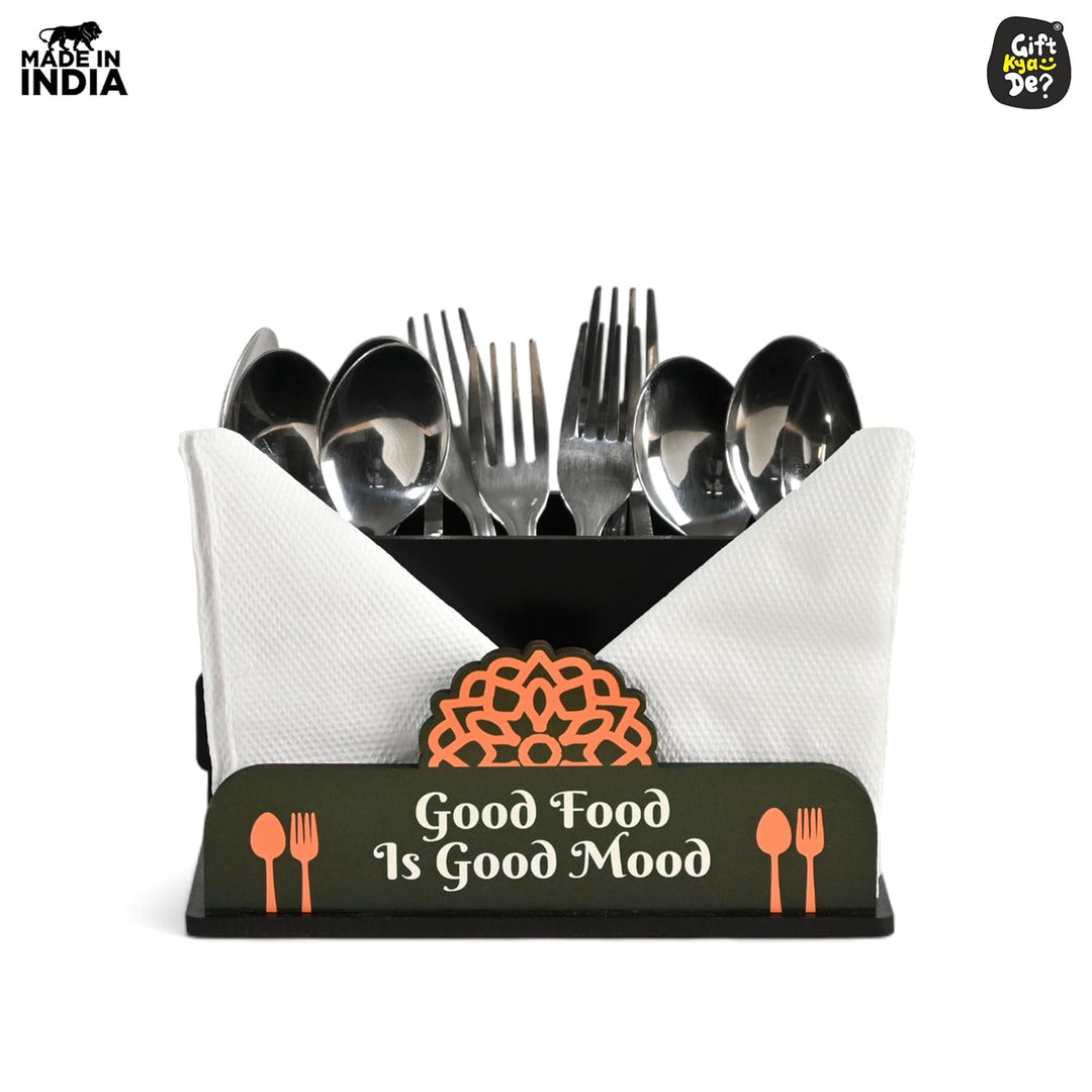 Gift Kya De Cutlery Stand with Tissue Holder for Kitchen & Dining Table | 3 Compartments | Spoon, Knife & Fork Holder, Cutlery Organizer