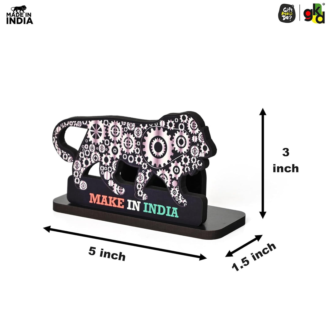 Gift Kya De Make In India Themed Visiting Card Stand, Decorative Lion Gear Pattern Design