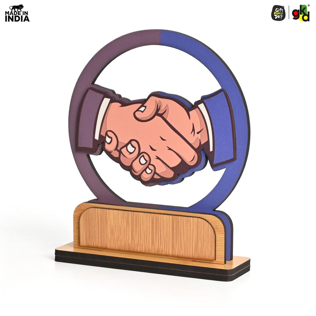 Wooden Handshake Memento Trophy | DIY Customizable Partnership Award for Corporate Gifts, Dealer Meets & Business Achievements | Add Your Own Sticker or Text