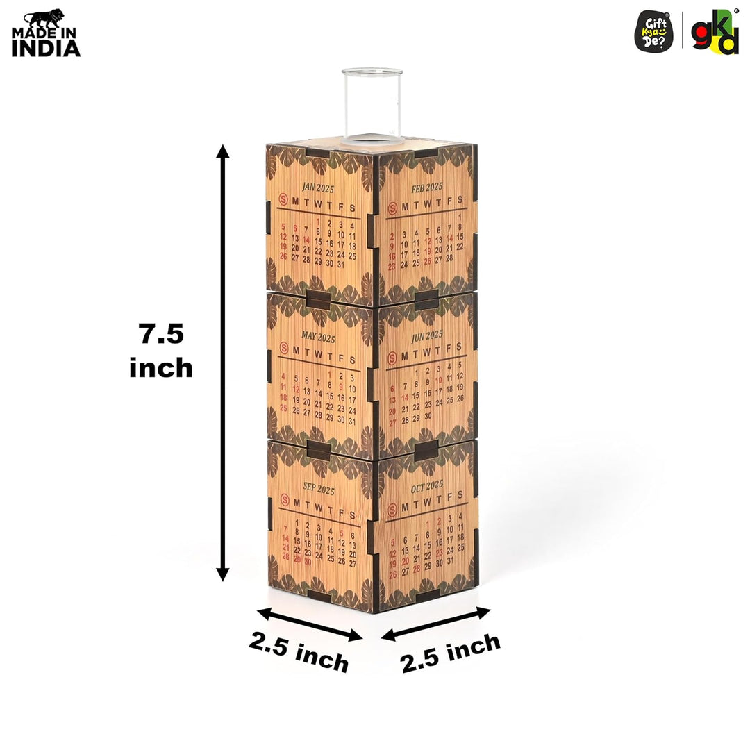Gift Kya De 3-Cube Wooden Desk Calendar 2025 with Test Tube Planter | Desk Organizer for Home, Office & Corporate Gifting