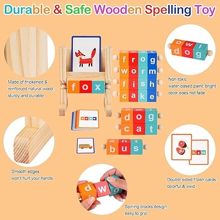 Wudly - Wooden Spelling Words Game , Spinning Wooden Phonics Toys, Spelling and Reading Blocks, Spelling Games, Alphabet Wordcraft Toy with CVC Flashcards, Educational Toys For 3+ Years Kids, Multi Colors, Child Safe Certified