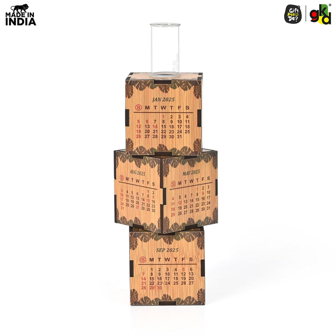 Gift Kya De 3-Cube Wooden Desk Calendar 2025 with Test Tube Planter | Desk Organizer for Home, Office & Corporate Gifting