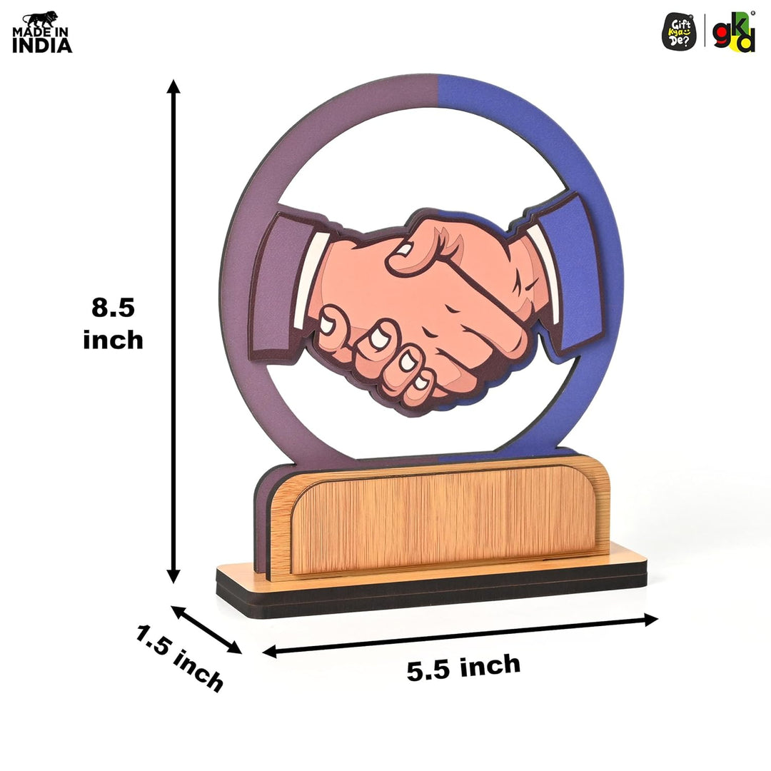 Wooden Handshake Memento Trophy | DIY Customizable Partnership Award for Corporate Gifts, Dealer Meets & Business Achievements | Add Your Own Sticker or Text