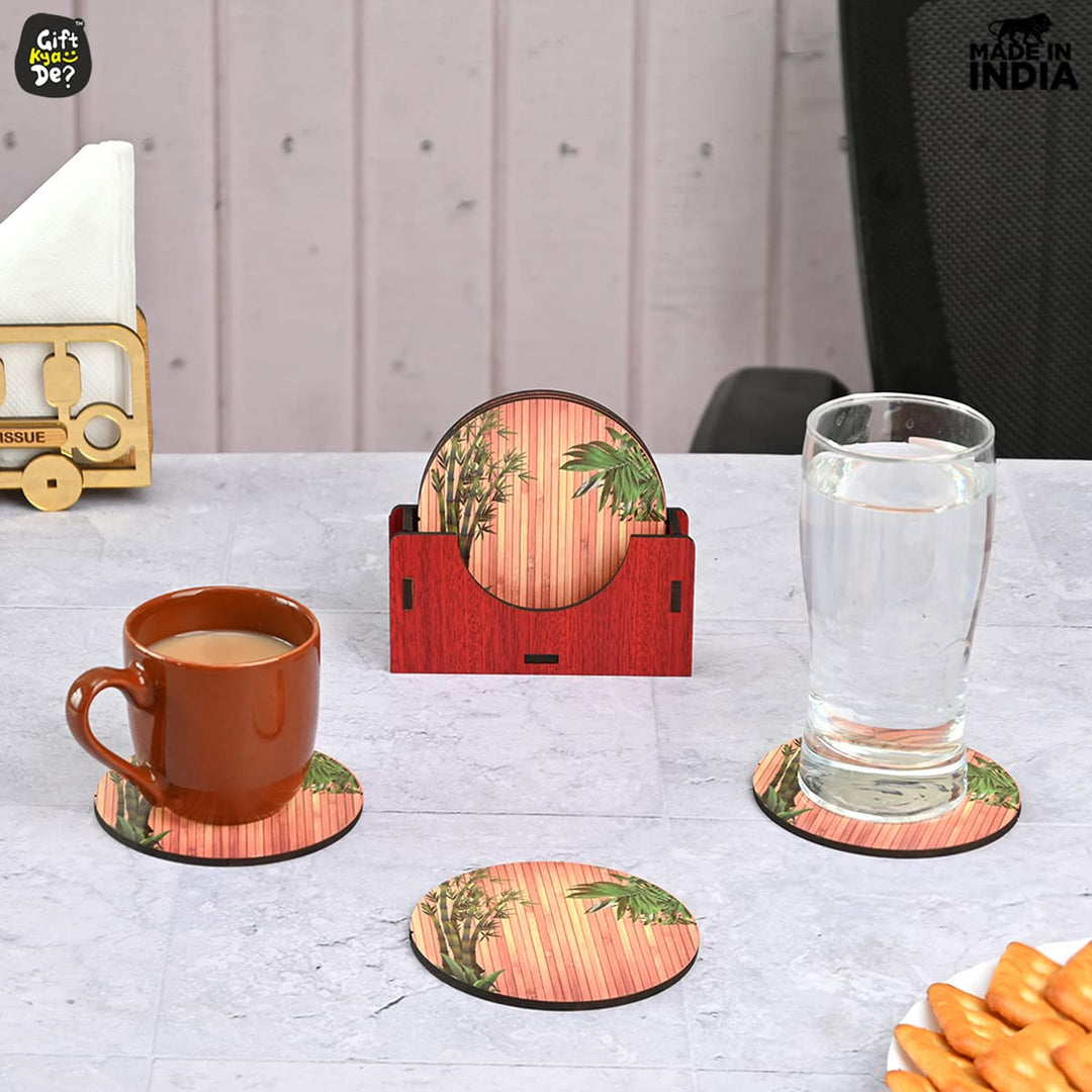 Gift Kya De Coaster Set of 6 Natural Wooden Bamboo Tree Style | Coasters with Beautiful Coaster Stand