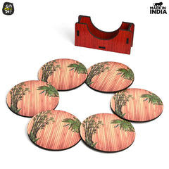 Gift Kya De Coaster Set of 6 Natural Wooden Bamboo Tree Style | Coasters with Beautiful Coaster Stand