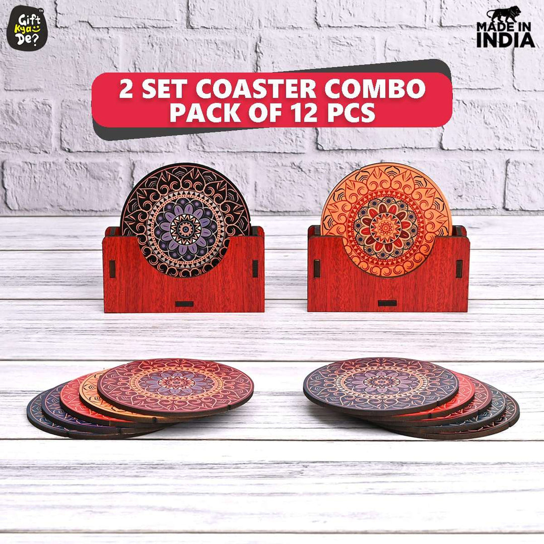 Gift Kya De Coaster Set of 12 Beautiful Wooden Coasters with Proper Coaster Stand (Combo Pack) (12 pc 9 x 9 cm)
